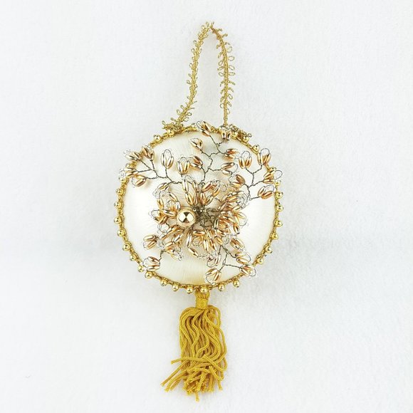 Vintage Satin Beaded Christmas Ornament Cream Gold - Picture 1 of 11